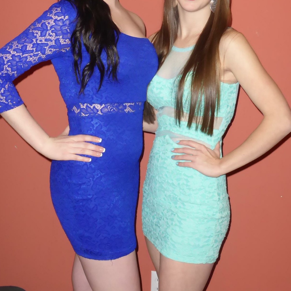 Dress on right- fun bright body con mesh cut out dress